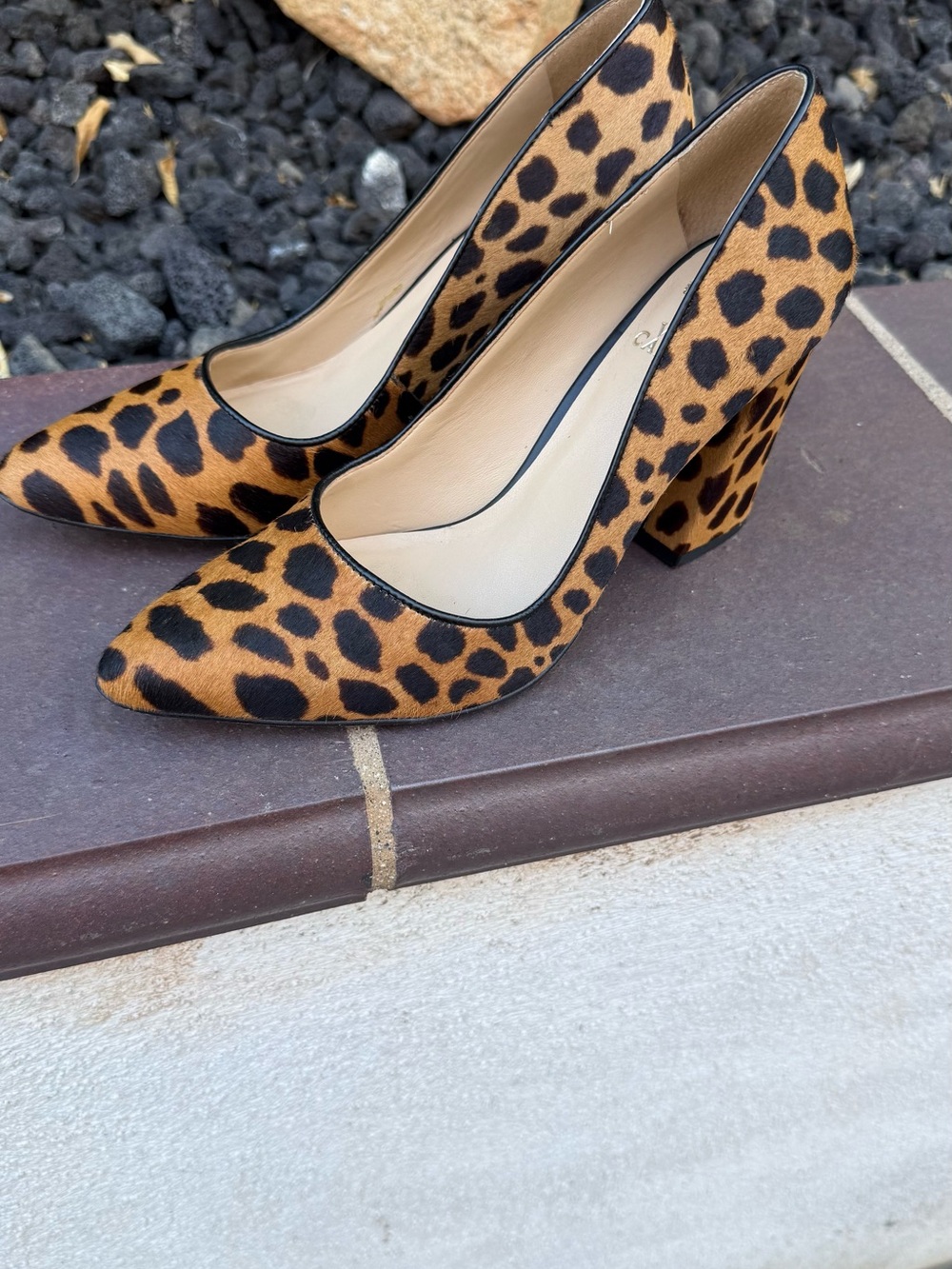 Vince Camuto Leopard Print Pointed Block Heel Pumps - Tan/Black